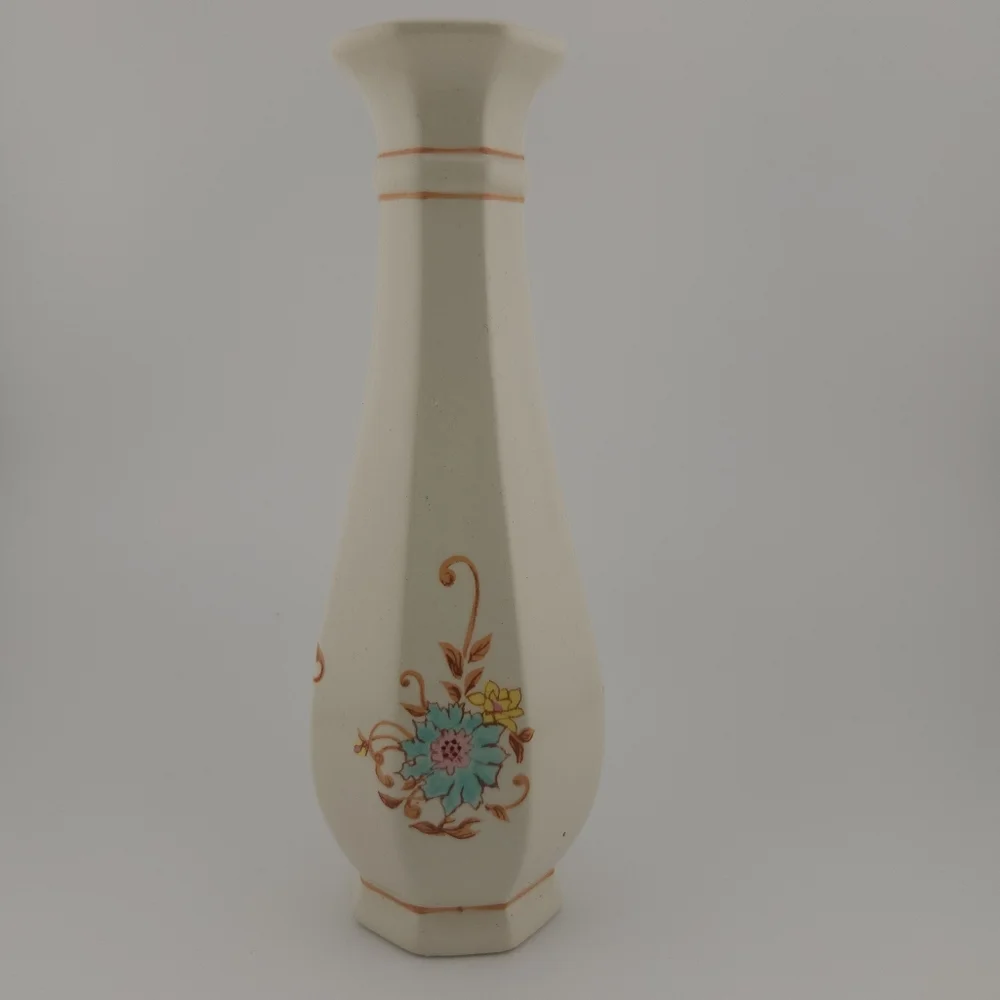 Vintage Floral Ceramic Vase - Cream with Blue and Yellow Accents